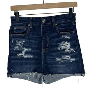 American Eagle Curvy Hi-Rise Shortie Denim Shorts Dark Wash Distressed Rips Sz 4